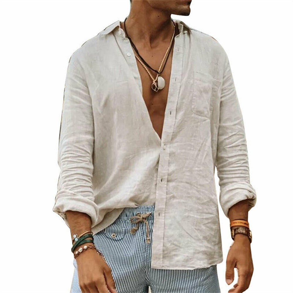 Men's Cotton Linen Shirt Stylish Cool Casual Loose-Fitting Top