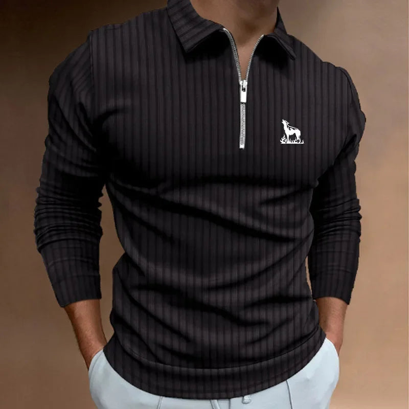 Men's Polo Shirt Long Sleeve Zipper V-Neck Wolf Monogram Golf Top Big Oversize Plus Sizes