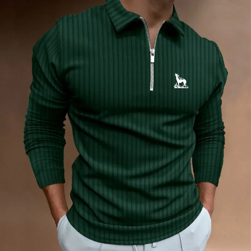 Men's Polo Shirt Long Sleeve Zipper V-Neck Wolf Monogram Golf Top Big Oversize Plus Sizes