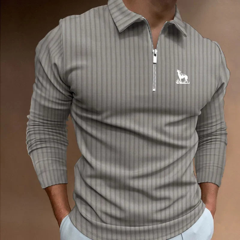 Men's Polo Shirt Long Sleeve Zipper V-Neck Wolf Monogram Golf Top Big Oversize Plus Sizes