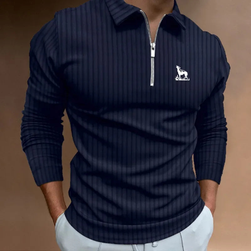 Men's Polo Shirt Long Sleeve Zipper V-Neck Wolf Monogram Golf Top Big Oversize Plus Sizes