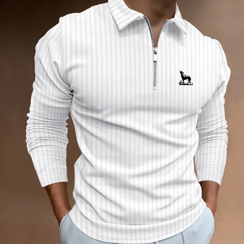 Men's Polo Shirt Long Sleeve Zipper V-Neck Wolf Monogram Golf Top Big Oversize Plus Sizes