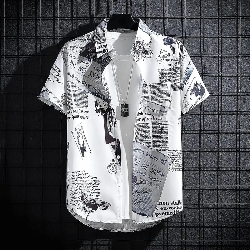 Men's Short Sleeve Vintage Newspaper Print Shirt