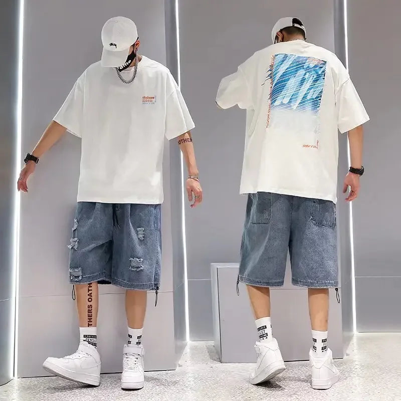 Men's Baggy Distressed Denim Shorts 3/4 Mid Length