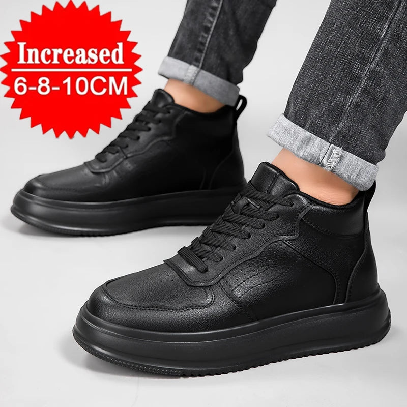 A pair of black leather low-top lace-up sneakers with chunky black platform soles, shown on a model wearing cuffed dark gray jeans. A red starburst graphic in the top-left corner reads 'Increased 6-8-10CM'.