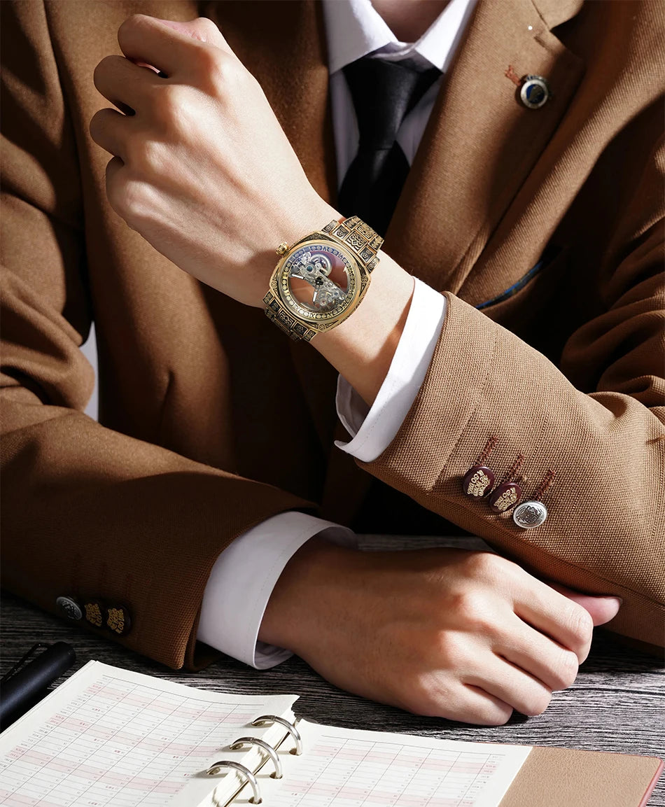 Statement Skeleton Mechanical Watch Stainless Steel Bronze Strap