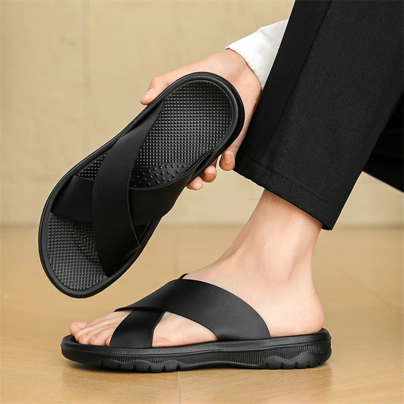 Men's Leather Sandals Crisscross Straps with Soft Sole