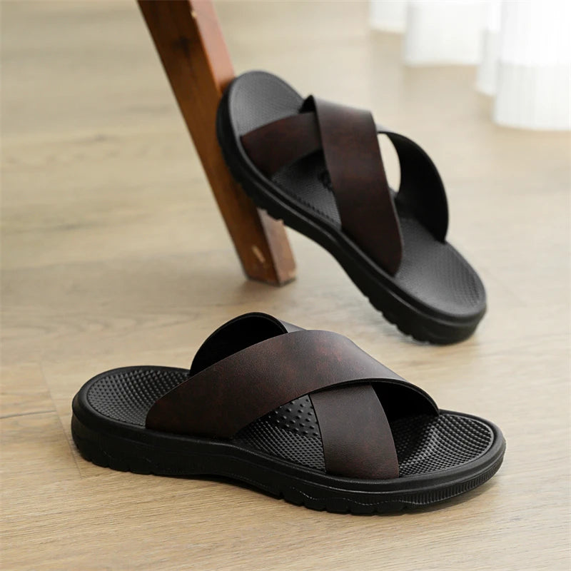 Men's Leather Sandals Crisscross Straps with Soft Sole