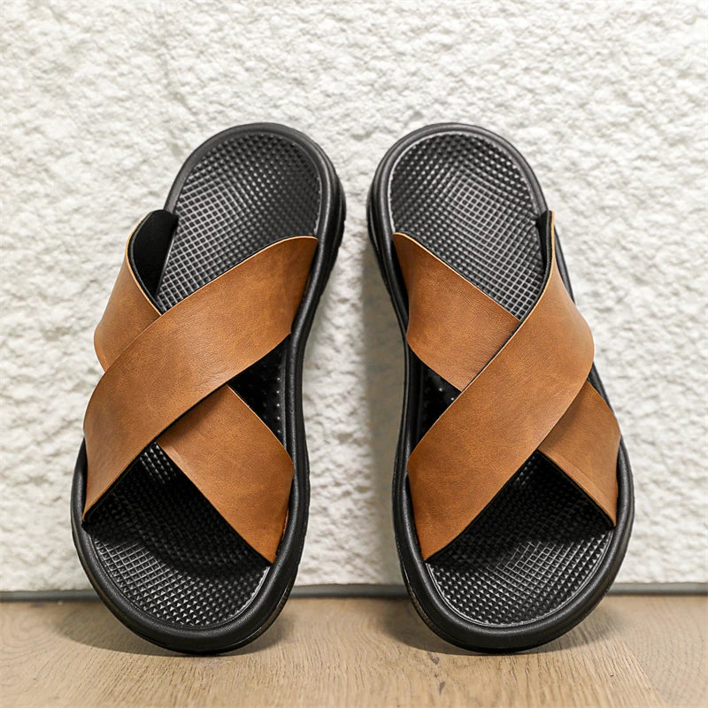 Men's Leather Sandals Crisscross Straps with Soft Sole