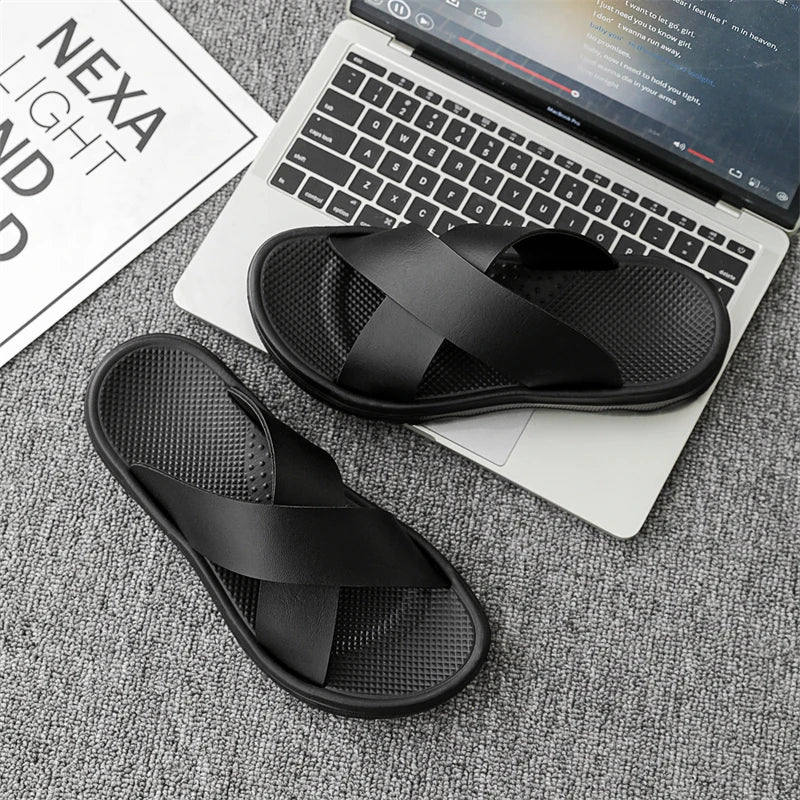 Men's Leather Sandals Crisscross Straps with Soft Sole