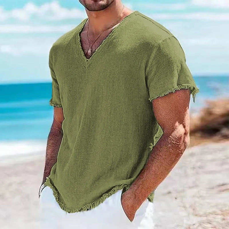 Men's Lightweight V-Neck Frayed Edge T-shirt - Casual Summer Beach Top