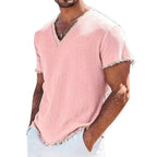 Men's Lightweight V-Neck Frayed Edge T-shirt - Casual Summer Beach Top