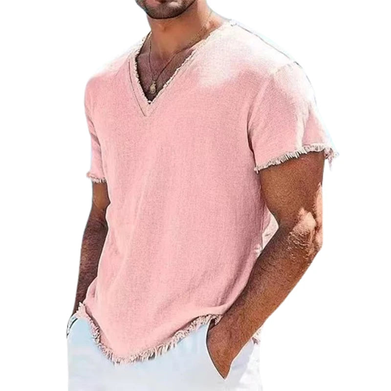 Men's Lightweight V-Neck Frayed Edge T-shirt - Casual Summer Beach Top