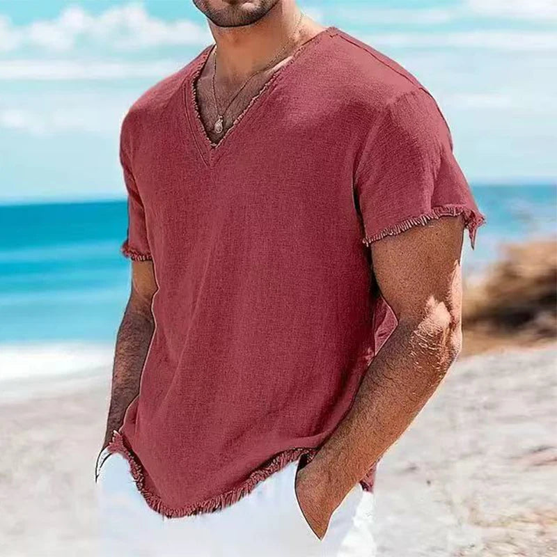 Men's Lightweight V-Neck Frayed Edge T-shirt - Casual Summer Beach Top