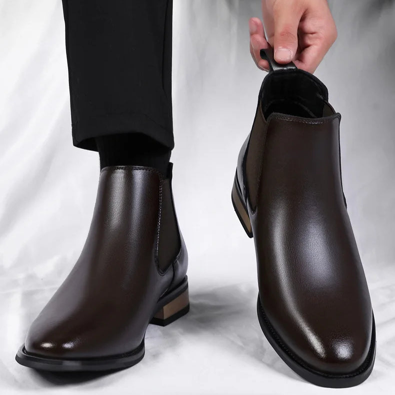 Men's Platform Elevator Chelsea Ankle Leather Boots Increase Height by 6cm
