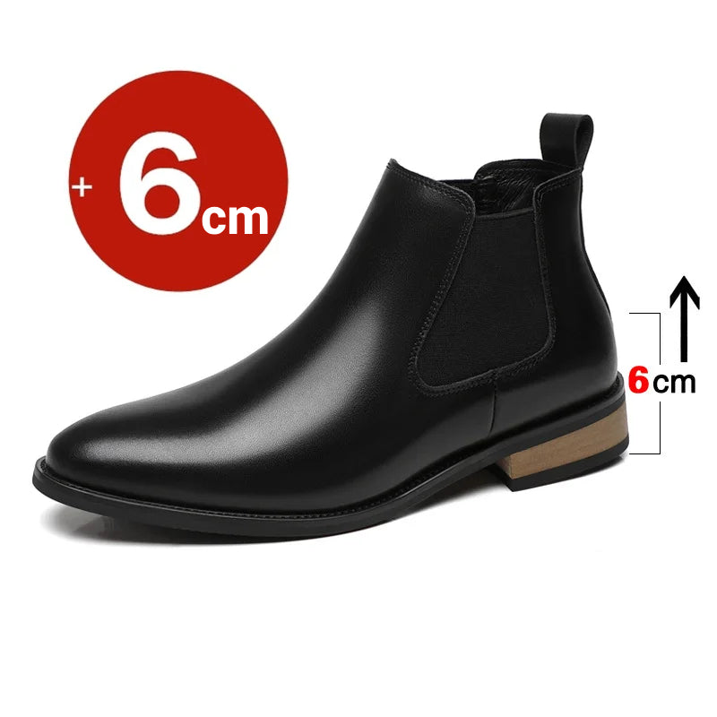 Men's Platform Elevator Chelsea Ankle Leather Boots Increase Height by 6cm