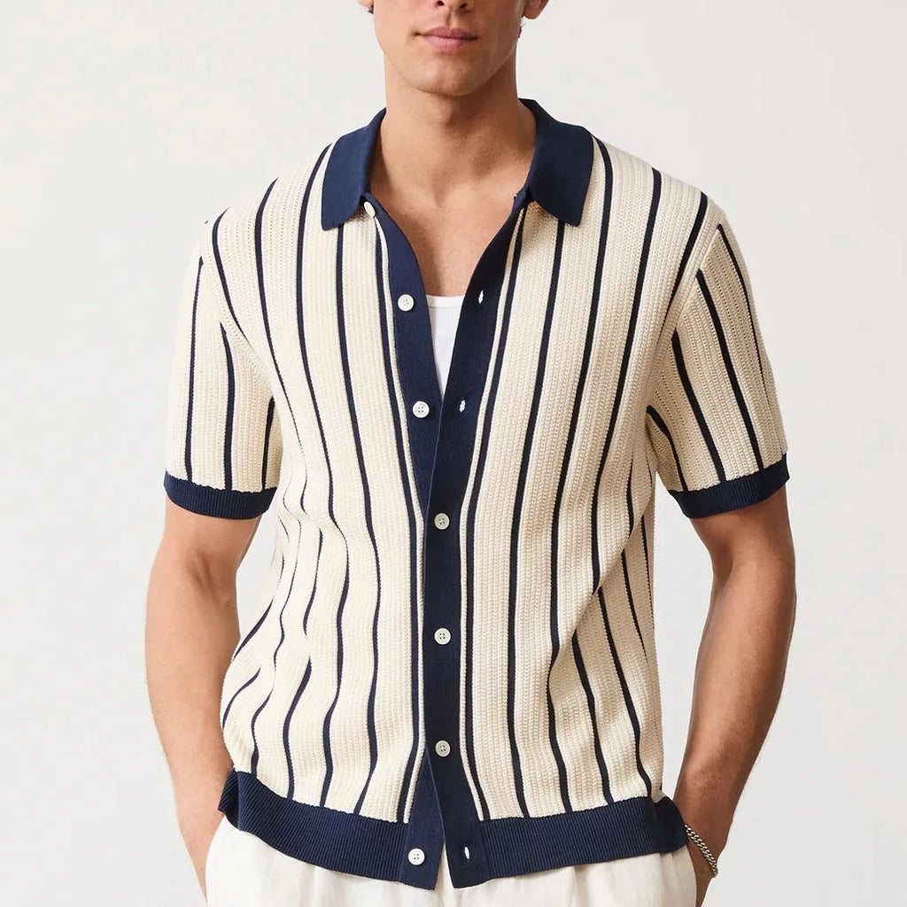 Men's Knit Polo Full Button Shirt With Stripes