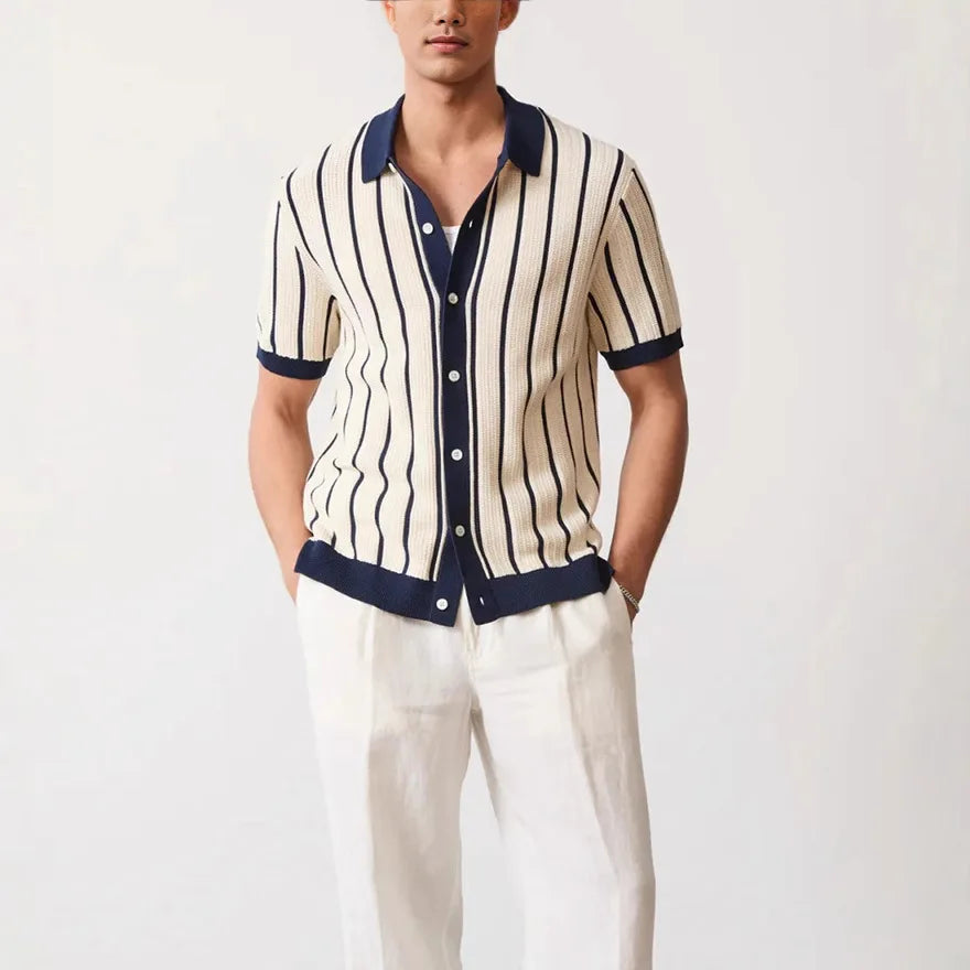 Men's Knit Polo Full Button Shirt With Stripes