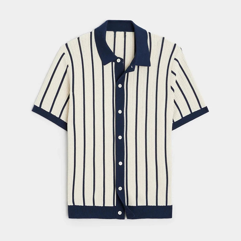 Men's Knit Polo Full Button Shirt With Stripes