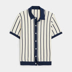 Men's Knit Polo Full Button Shirt With Stripes