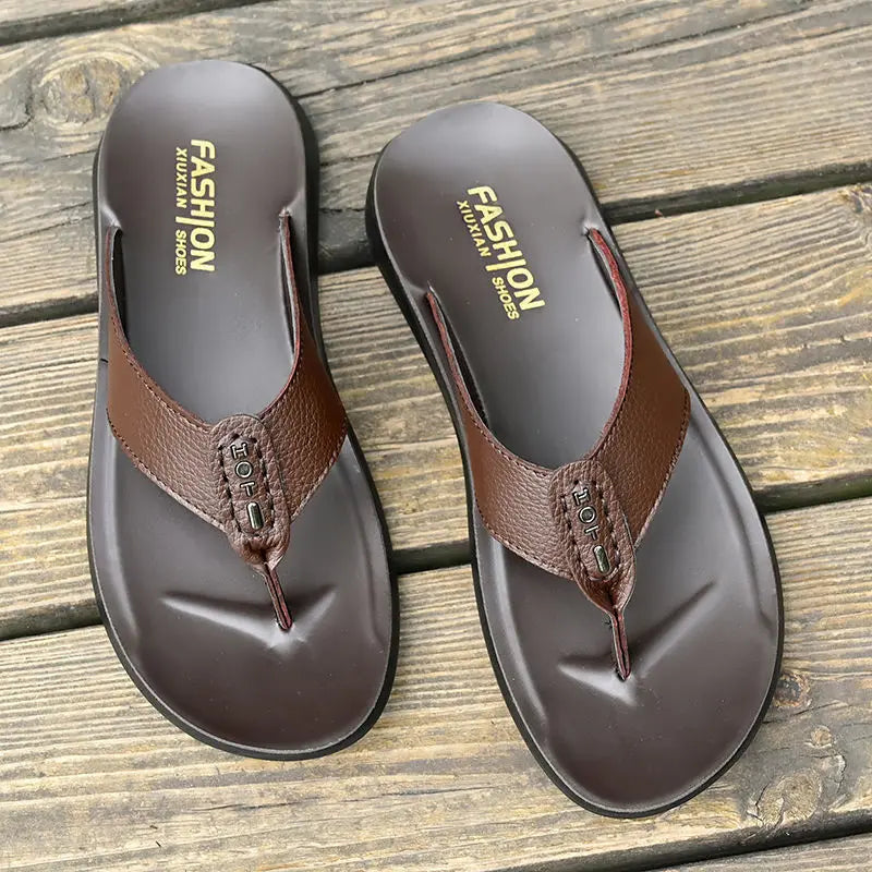 Men's Thongs Flip Flops High Quality Genuine Leather Summer Beach Sandals