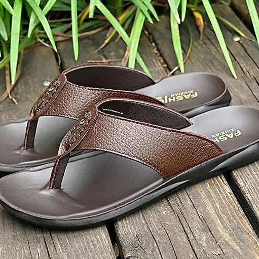 Men's Thongs Flip Flops High Quality Genuine Leather Summer Beach Sandals