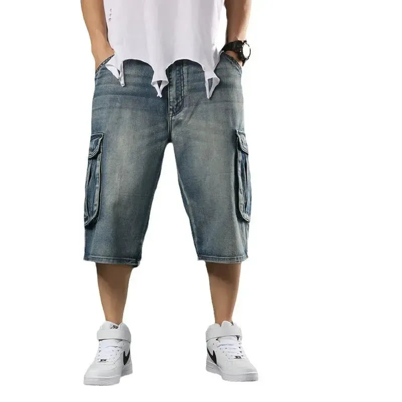 Men's Baggy Long Cargo Denim Shorts Wide Leg Big Man Plus Sizes