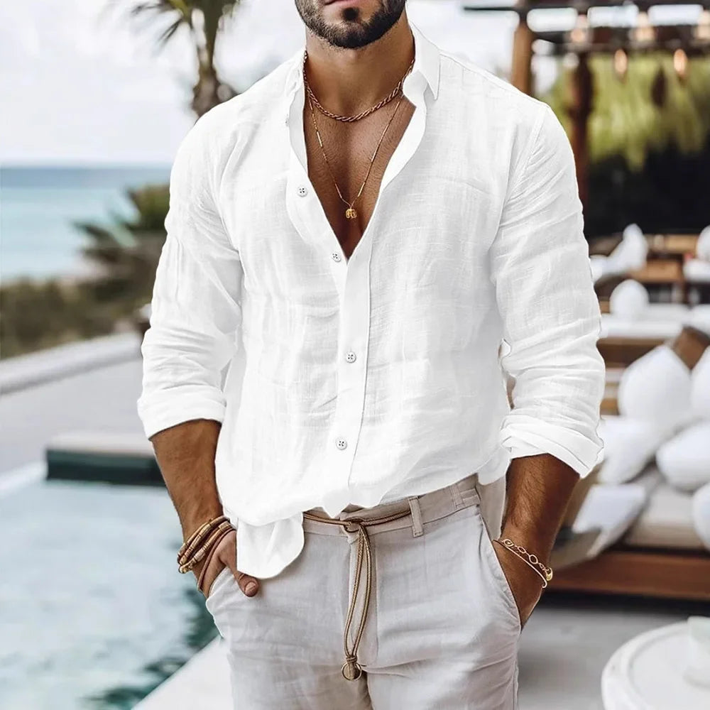 Men's Cotton Linen Long Sleeve Shirt Summer Beach Style