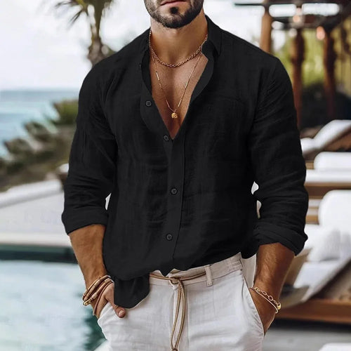 Men's Cotton Linen Long Sleeve Shirt Summer Beach Style