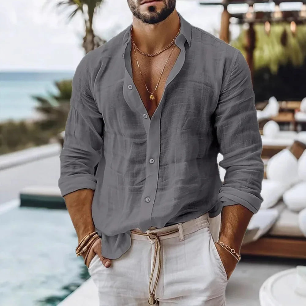 Men's Cotton Linen Long Sleeve Shirt Summer Beach Style