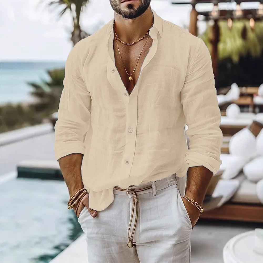 Men's Cotton Linen Long Sleeve Shirt Summer Beach Style