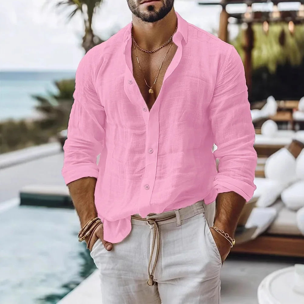 Men's Cotton Linen Long Sleeve Shirt Summer Beach Style