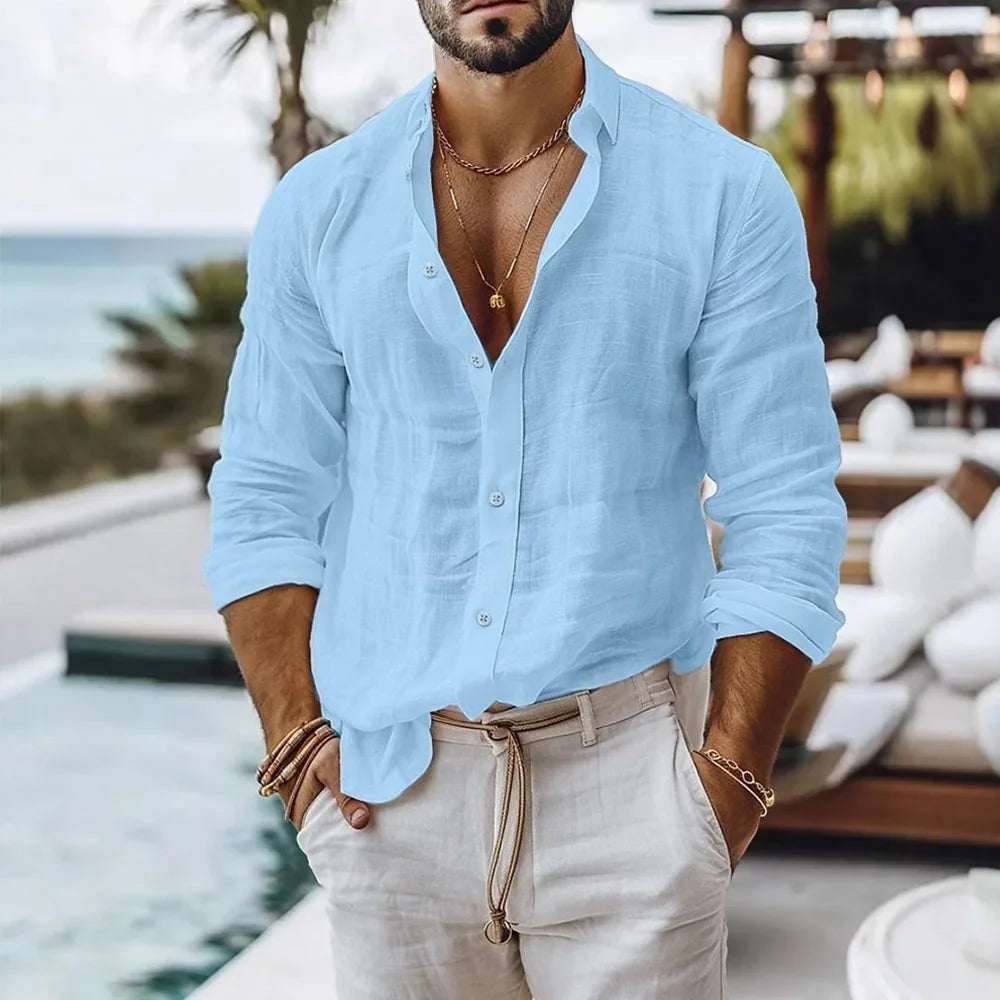Men's Cotton Linen Long Sleeve Shirt Summer Beach Style