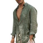 Cotton Linen Shirt Casual Long-Sleeve With Button Down Collar