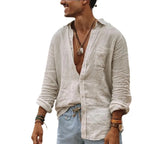 Cotton Linen Shirt Casual Long-Sleeve With Button Down Collar