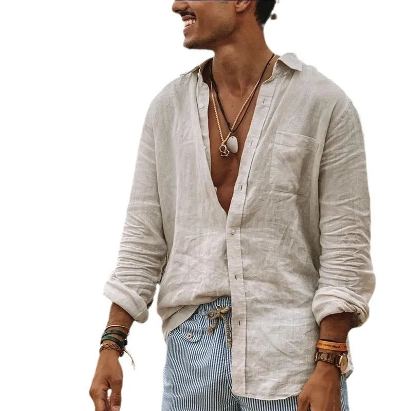 Men's Cotton Linen Long-Sleeve Shirt With Button Down Collar