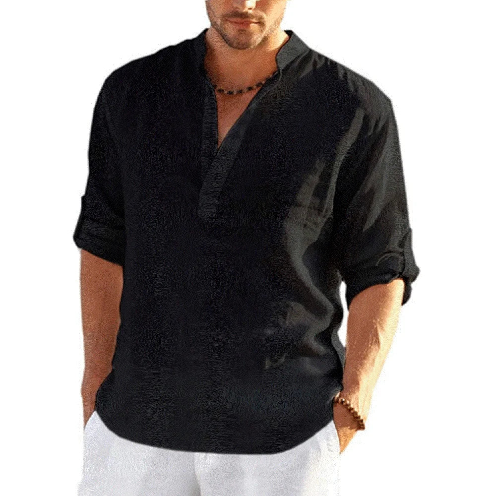 Men's Henley Collar Shirt Long-Sleeve Pull-Over Linen & Cotton