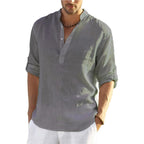 Men's Henley Collar Shirt Long-Sleeve Pull-Over Linen & Cotton