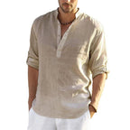 Men's Henley Collar Shirt Long-Sleeve Pull-Over Linen & Cotton