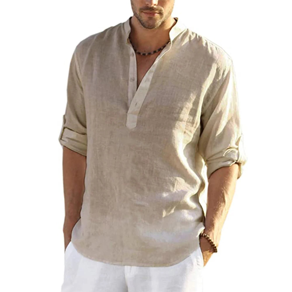 Men's Henley Collar Shirt Long-Sleeve Pull-Over Linen & Cotton
