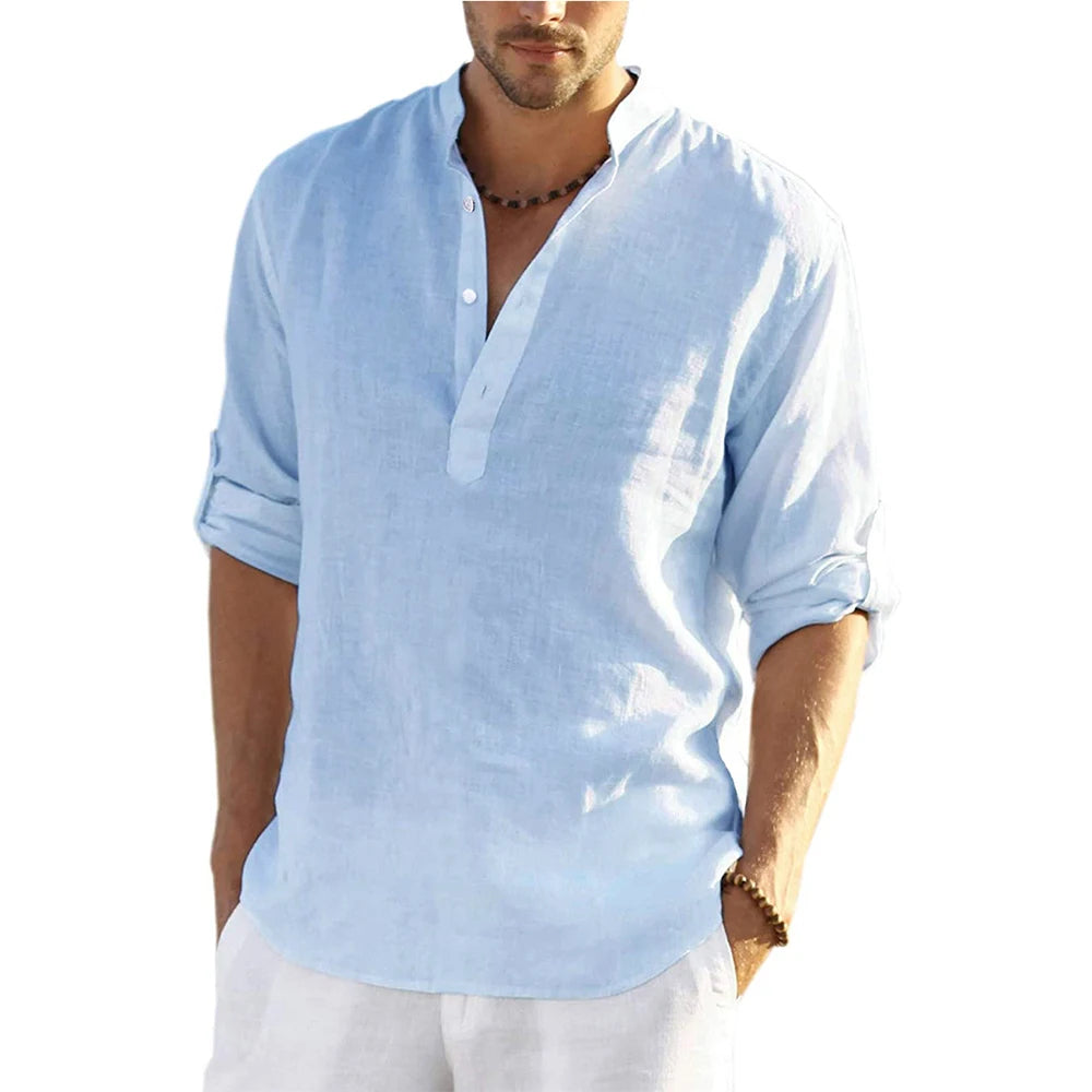 Men's Henley Collar Shirt Long-Sleeve Pull-Over Linen & Cotton