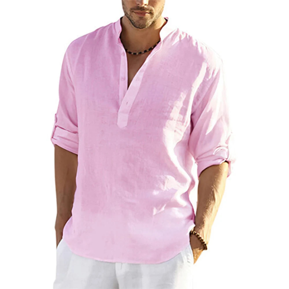 Men's Henley Collar Shirt Long-Sleeve Pull-Over Linen & Cotton