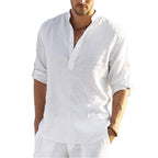 Men's Henley Collar Shirt Long-Sleeve Pull-Over Linen & Cotton