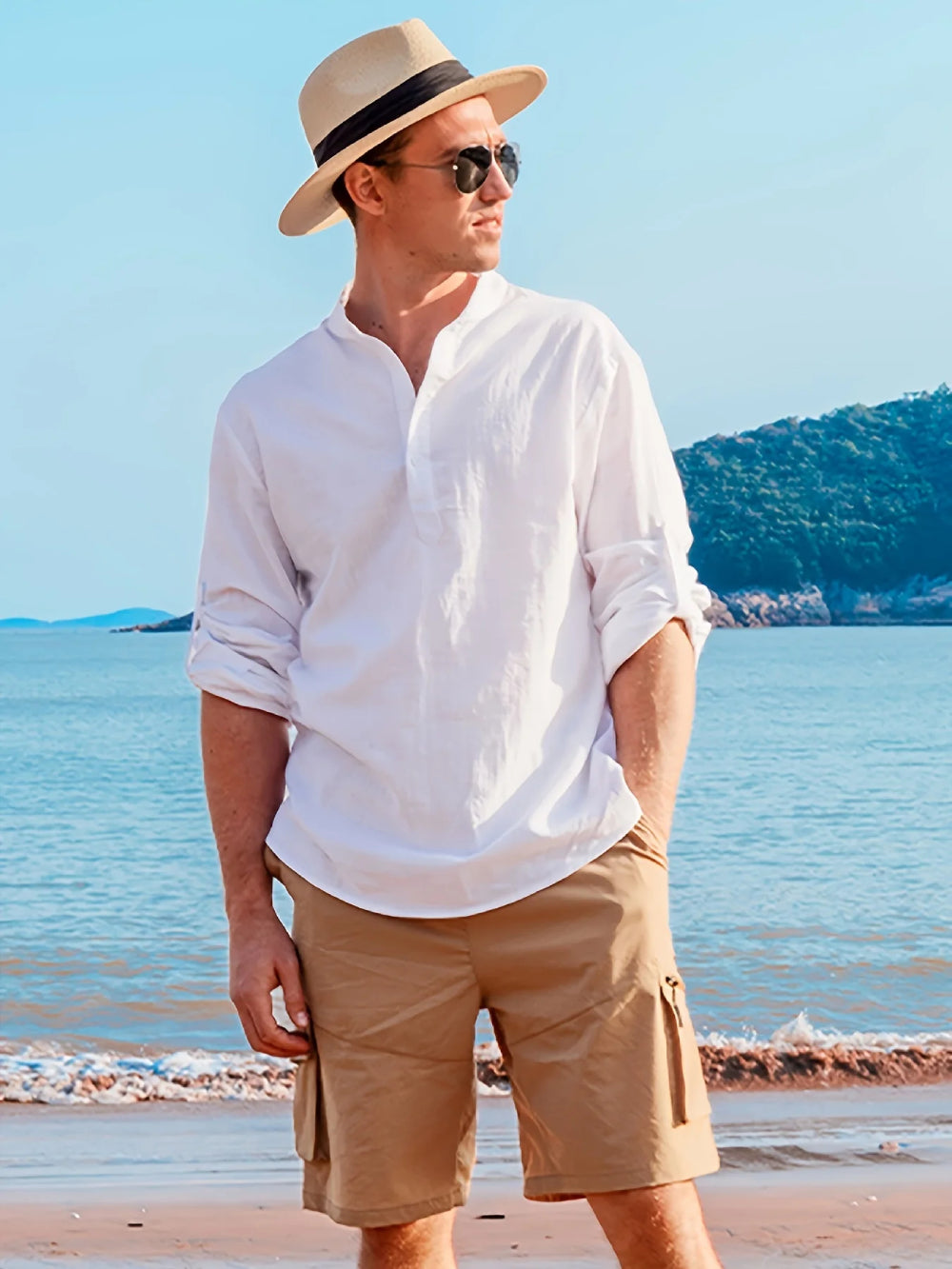 Men's Henley Collar Shirt Long-Sleeve Pull-Over Linen & Cotton