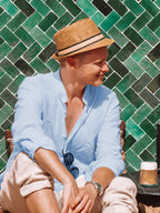 Men's Henley Collar Shirt Long-Sleeve Pull-Over Linen & Cotton