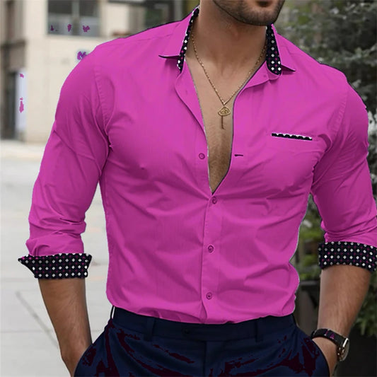 Mens Hot Trendy Fashion Stylish Shirt Long-Sleeved Soft Fabric Hot Pink