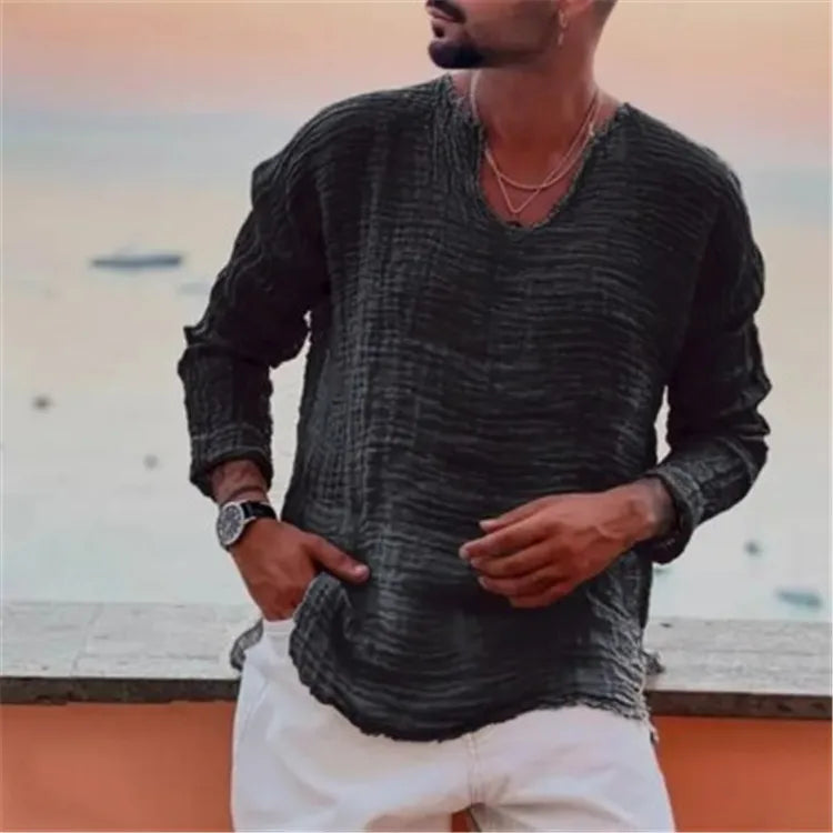 Men's Waffle Knit Top Frayed Edges Long Sleeve Casual Vintage Shirt