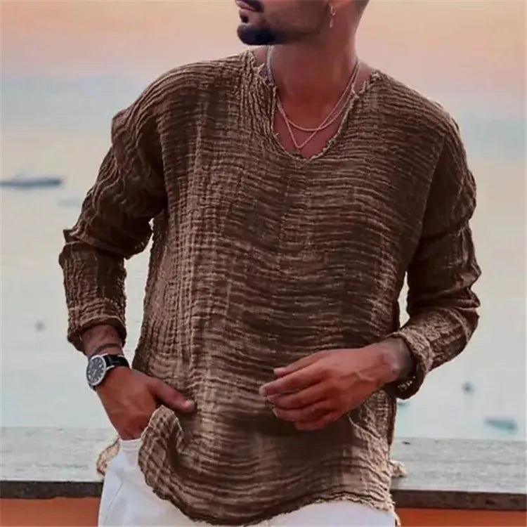 Men's Waffle Knit Top Frayed Edges Long Sleeve Casual Vintage Shirt
