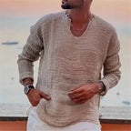 Men's Waffle Knit Top Frayed Edges Long Sleeve Casual Vintage Shirt