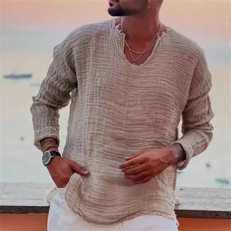 Men's Waffle Knit Top Frayed Edges Long Sleeve Casual Vintage Shirt